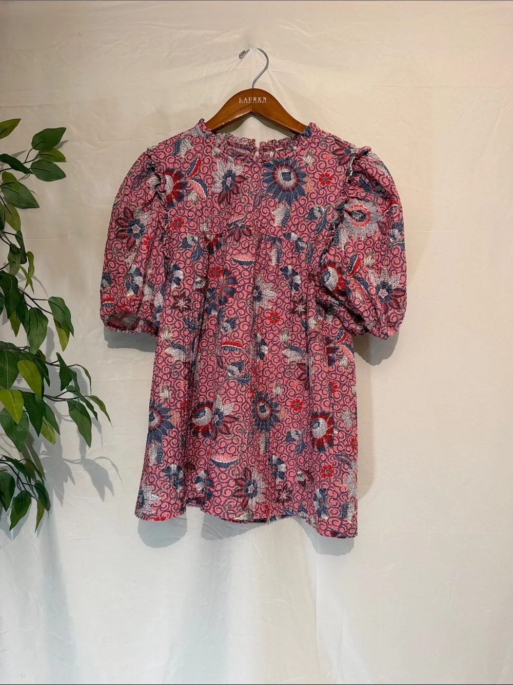 LOFT Pink Floral Puff-Sleeve Peasant Blouse